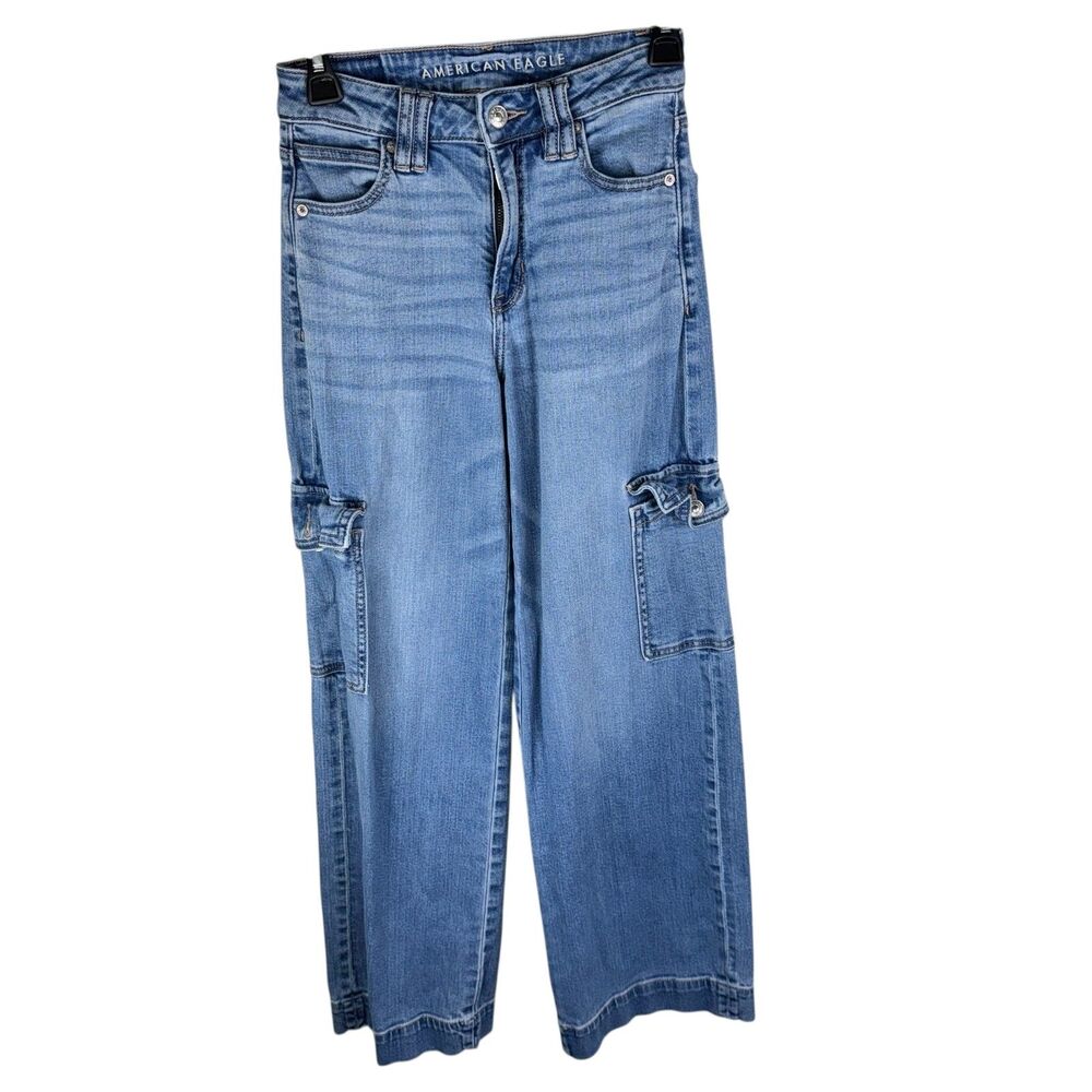 American Eagle Jeans Size 00 Super High Rise Baggy Wide Leg Cargo Denim Y2K